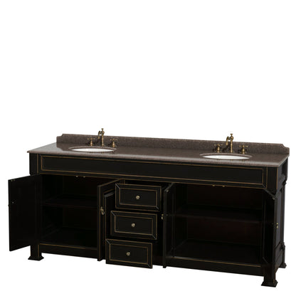 Wyndham Collection Andover 80" Double Bathroom Vanity in Black With Imperial Brown Granite Countertop & Undermount Oval Sink