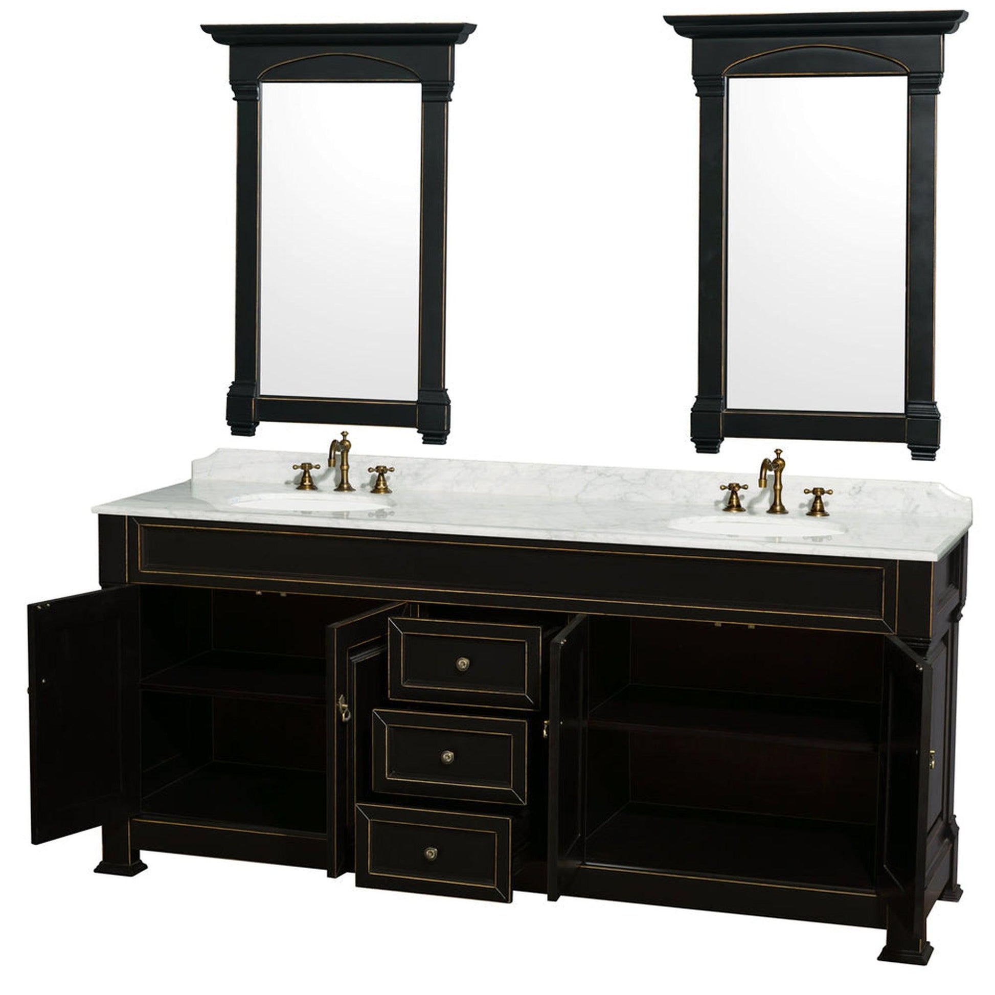 Wyndham Collection Andover 80" Double Bathroom Vanity in Black With White Carrara Marble Countertop, Undermount Oval Sink & 28" Mirror
