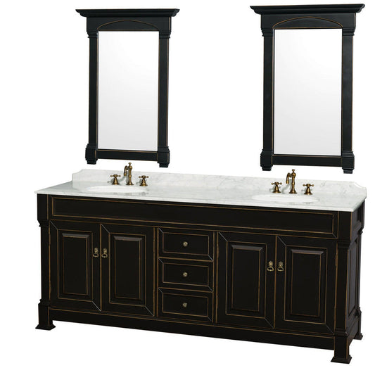 Wyndham Collection Andover 80" Double Bathroom Vanity in Black With White Carrara Marble Countertop, Undermount Oval Sink & 28" Mirror