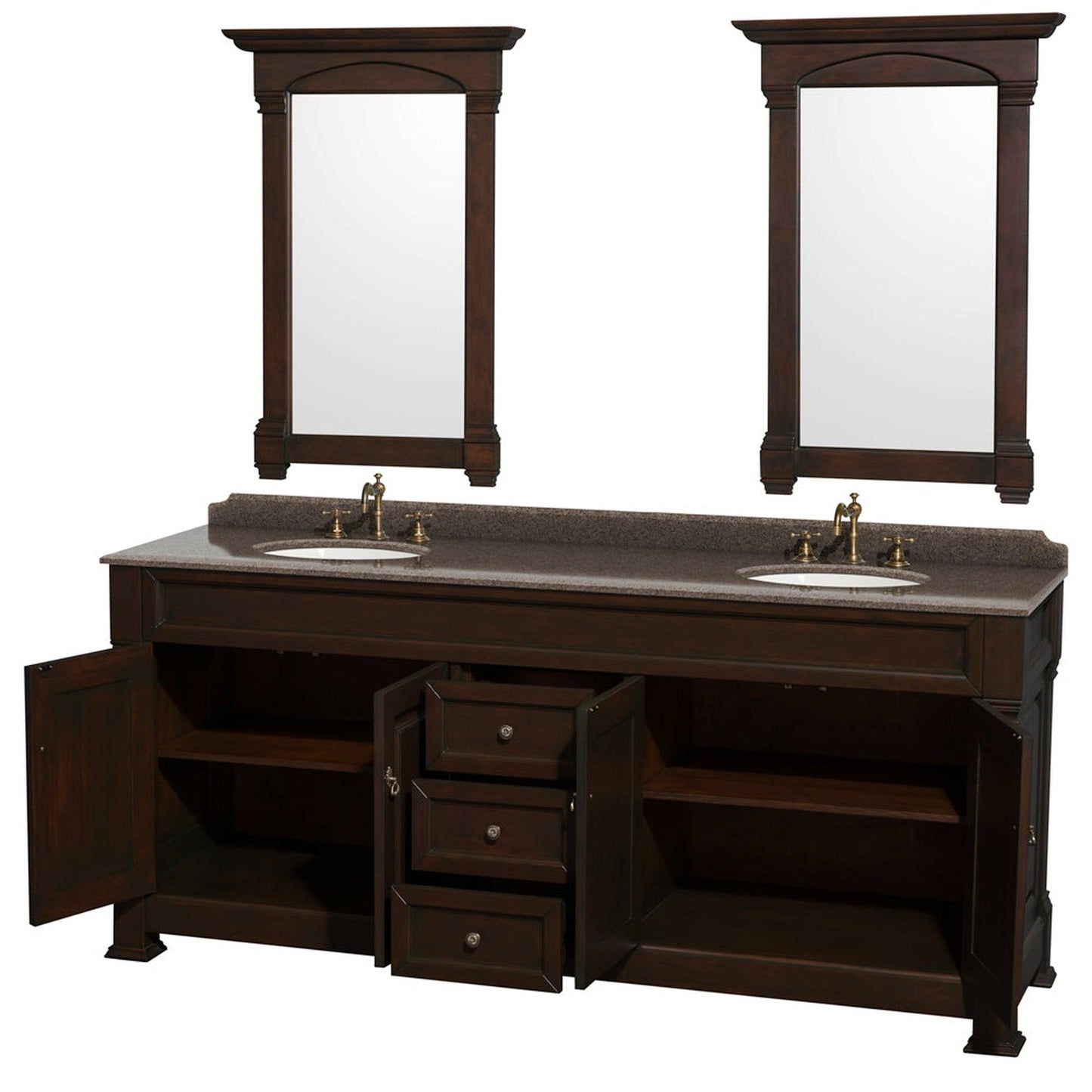 Wyndham Collection Andover 80" Double Bathroom Vanity in Dark Cherry With Imperial Brown Granite Countertop, Undermount Oval Sink & 28" Mirror