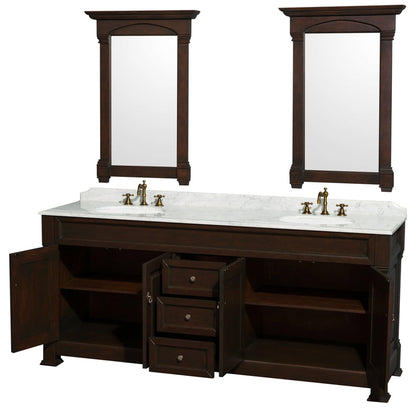 Wyndham Collection Andover 80" Double Bathroom Vanity in Dark Cherry With White Carrara Marble Countertop, Undermount Oval Sink & 28" Mirror