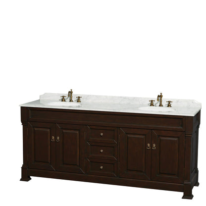 Wyndham Collection Andover 80" Double Bathroom Vanity in Dark Cherry With White Carrara Marble Countertop, Undermount Oval Sink & 28" Mirror