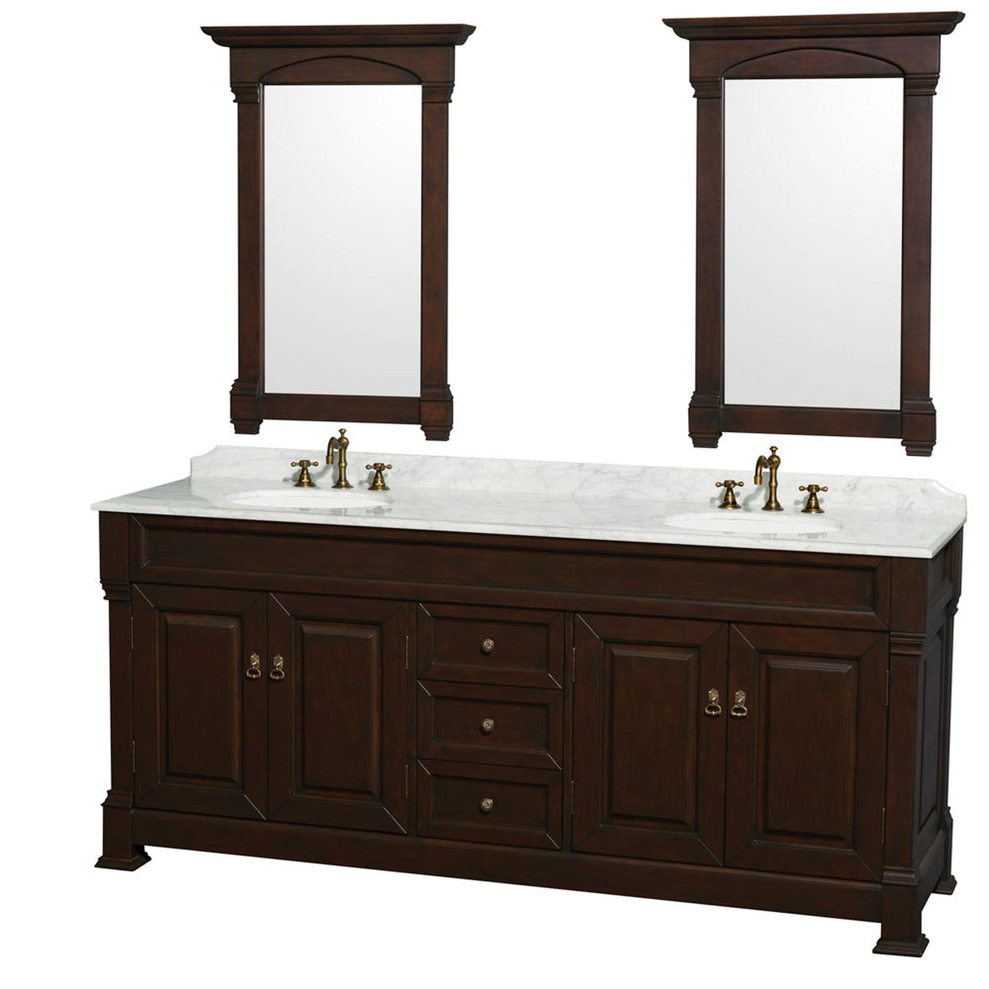 Wyndham Collection Andover 80" Double Bathroom Vanity in Dark Cherry With White Carrara Marble Countertop, Undermount Oval Sink & 28" Mirror