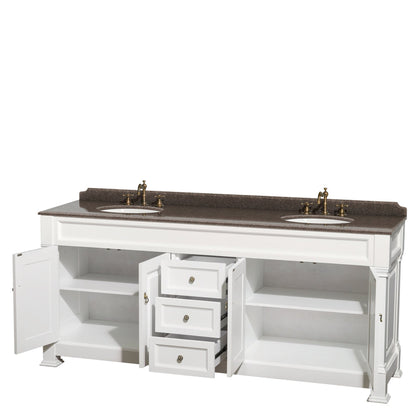 Wyndham Collection Andover 80" Double Bathroom Vanity in White With Imperial Brown Granite Countertop & Undermount Oval Sink