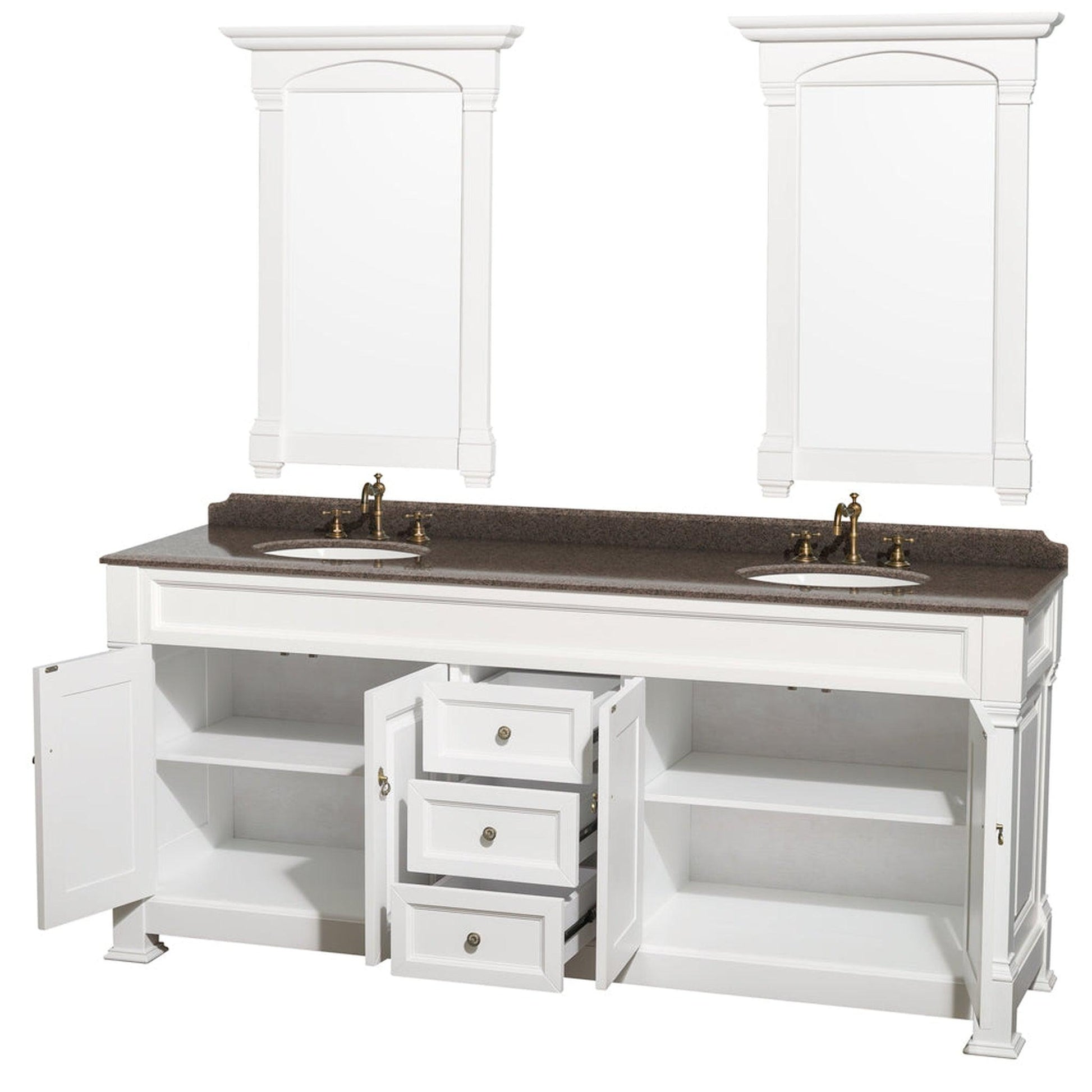 Wyndham Collection Andover 80" Double Bathroom Vanity in White With Imperial Brown Granite Countertop, Undermount Oval Sink & 28" Mirror