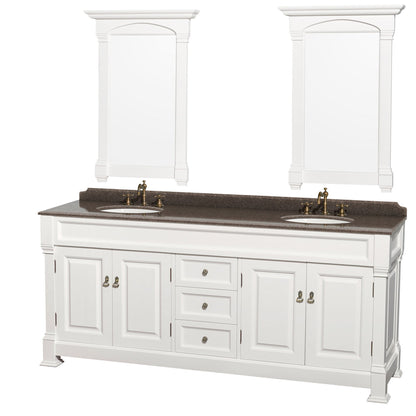 Wyndham Collection Andover 80" Double Bathroom Vanity in White With Imperial Brown Granite Countertop, Undermount Oval Sink & 28" Mirror