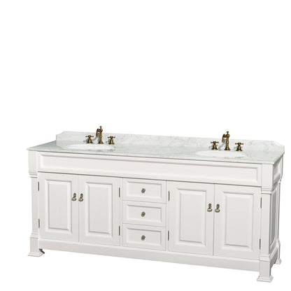 Wyndham Collection Andover 80" Double Bathroom Vanity in White With White Carrara Marble Countertop & Undermount Oval Sink