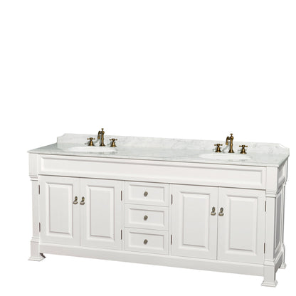 Wyndham Collection Andover 80" Double Bathroom Vanity in White With White Carrara Marble Countertop, Undermount Oval Sink & 28" Mirror