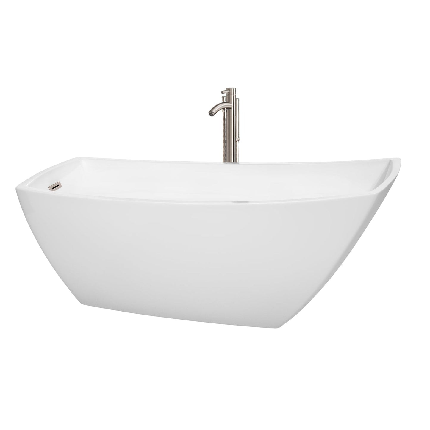 Wyndham Collection Antigua 67" Freestanding Bathtub in White With Floor Mounted Faucet, Drain and Overflow Trim in Brushed Nickel