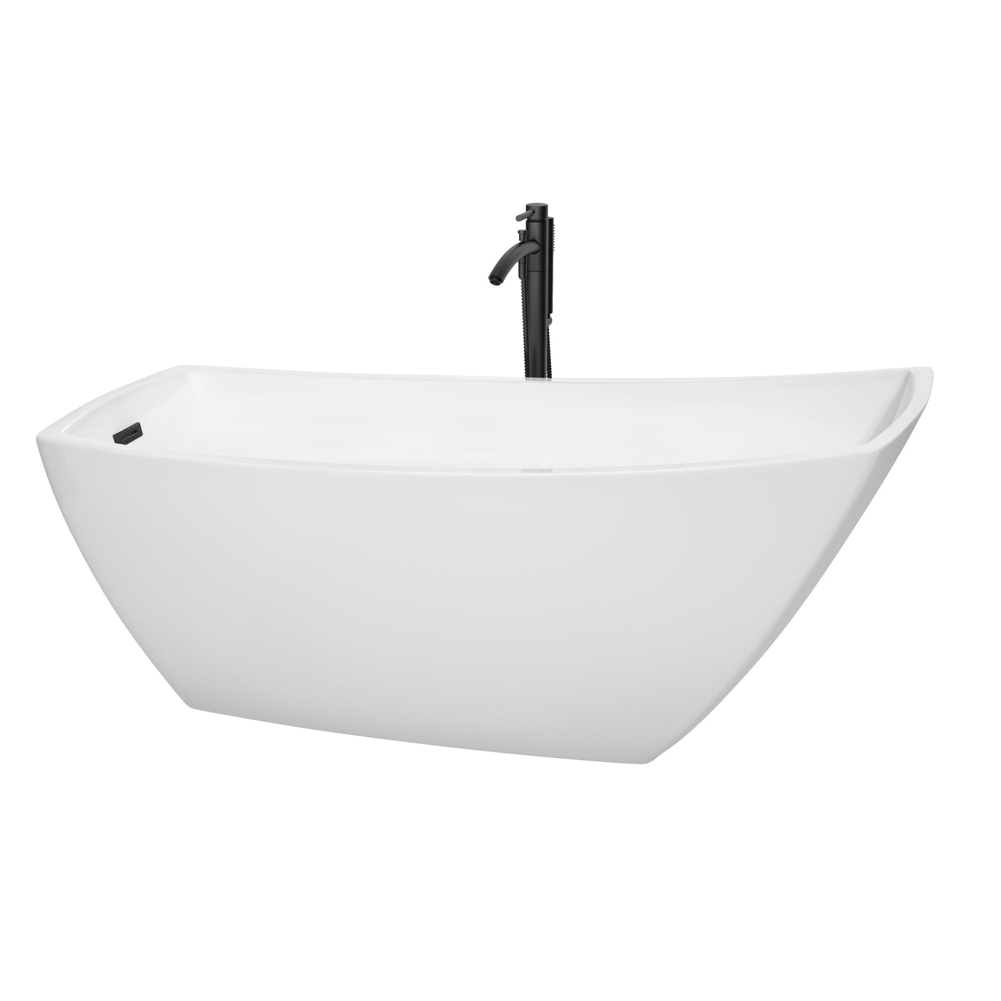 Wyndham Collection Antigua 67" Freestanding Bathtub in White With Floor Mounted Faucet, Drain and Overflow Trim in Matte Black