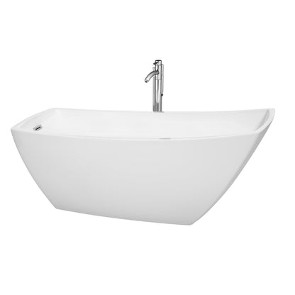 Wyndham Collection Antigua 67" Freestanding Bathtub in White With Floor Mounted Faucet, Drain and Overflow Trim in Polished Chrome