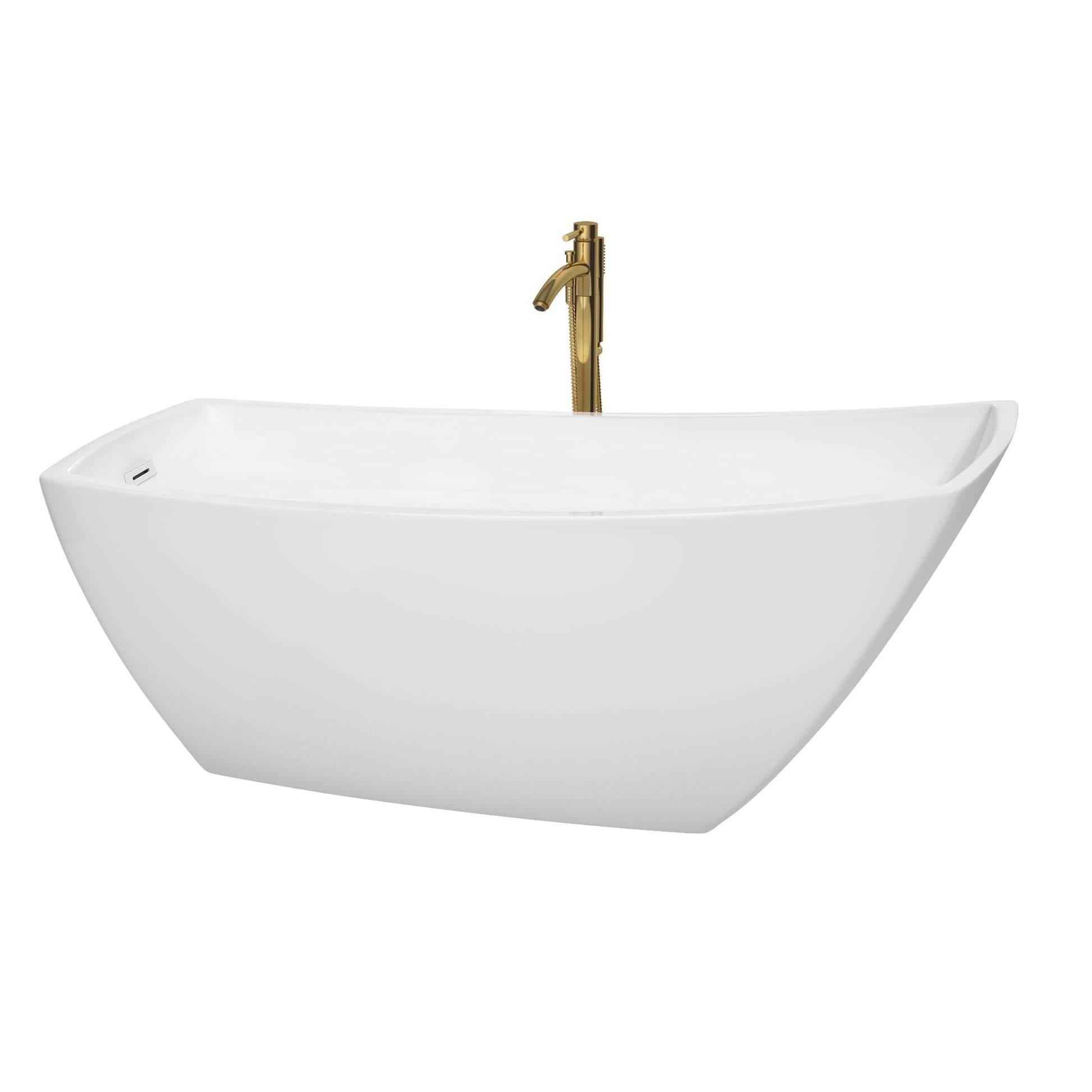 Wyndham Collection Antigua 67" Freestanding Bathtub in White With Shiny White Trim and Floor Mounted Faucet in Brushed Gold