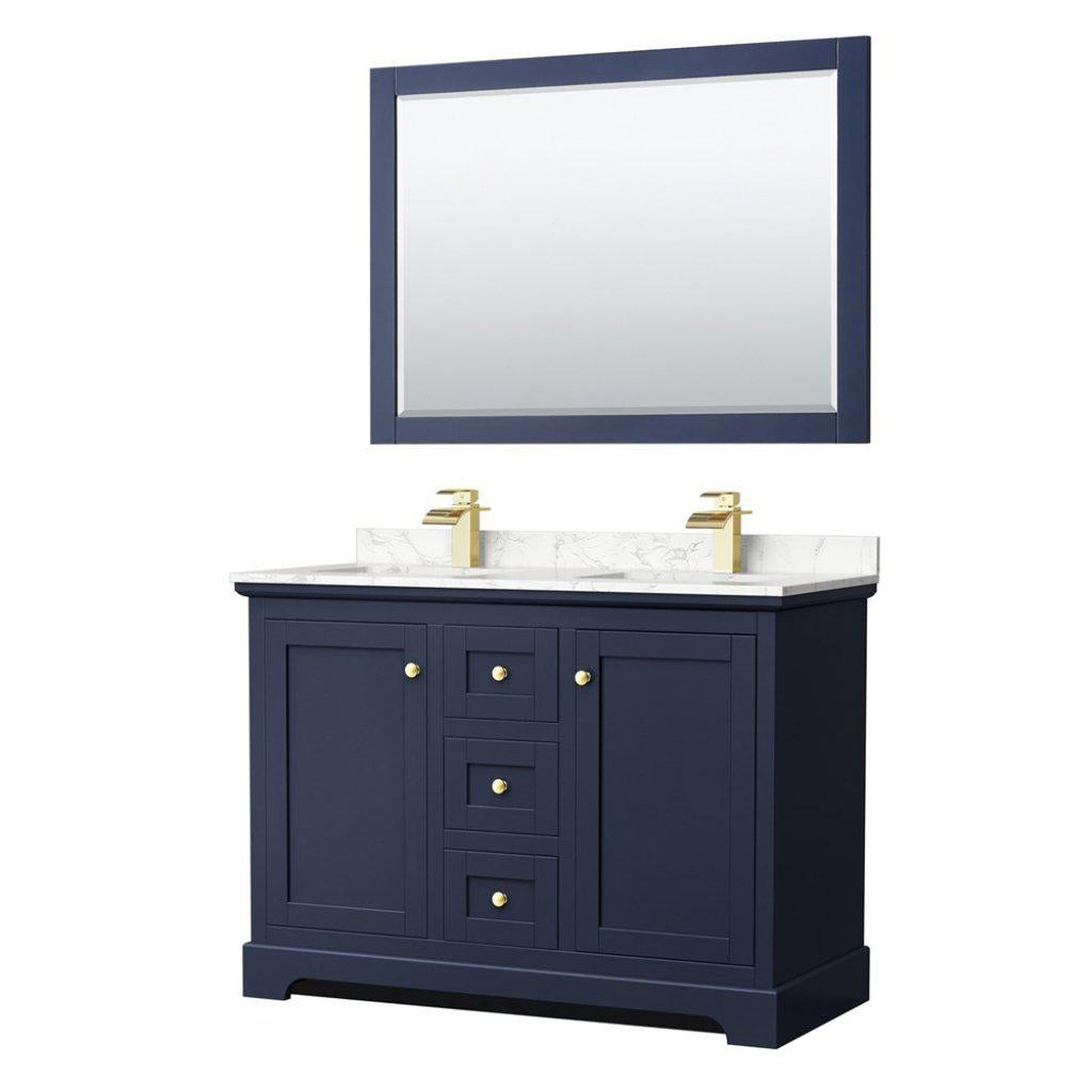 Wyndham Collection Avery 48" Dark Blue Double Bathroom Vanity Set With Dark-Vein Cultured Marble Countertop With 1-Hole Faucet And Square Sink And 46" Mirror