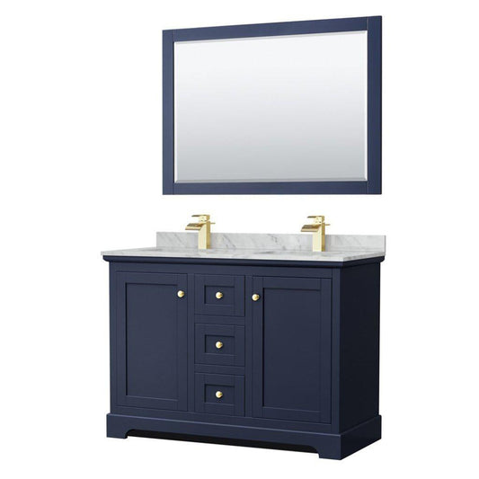 Wyndham Collection Avery 48" Dark Blue Double Bathroom Vanity Set With White Carrara Marble Countertop With 1-Hole Faucet And Square Sink And 46" Mirror