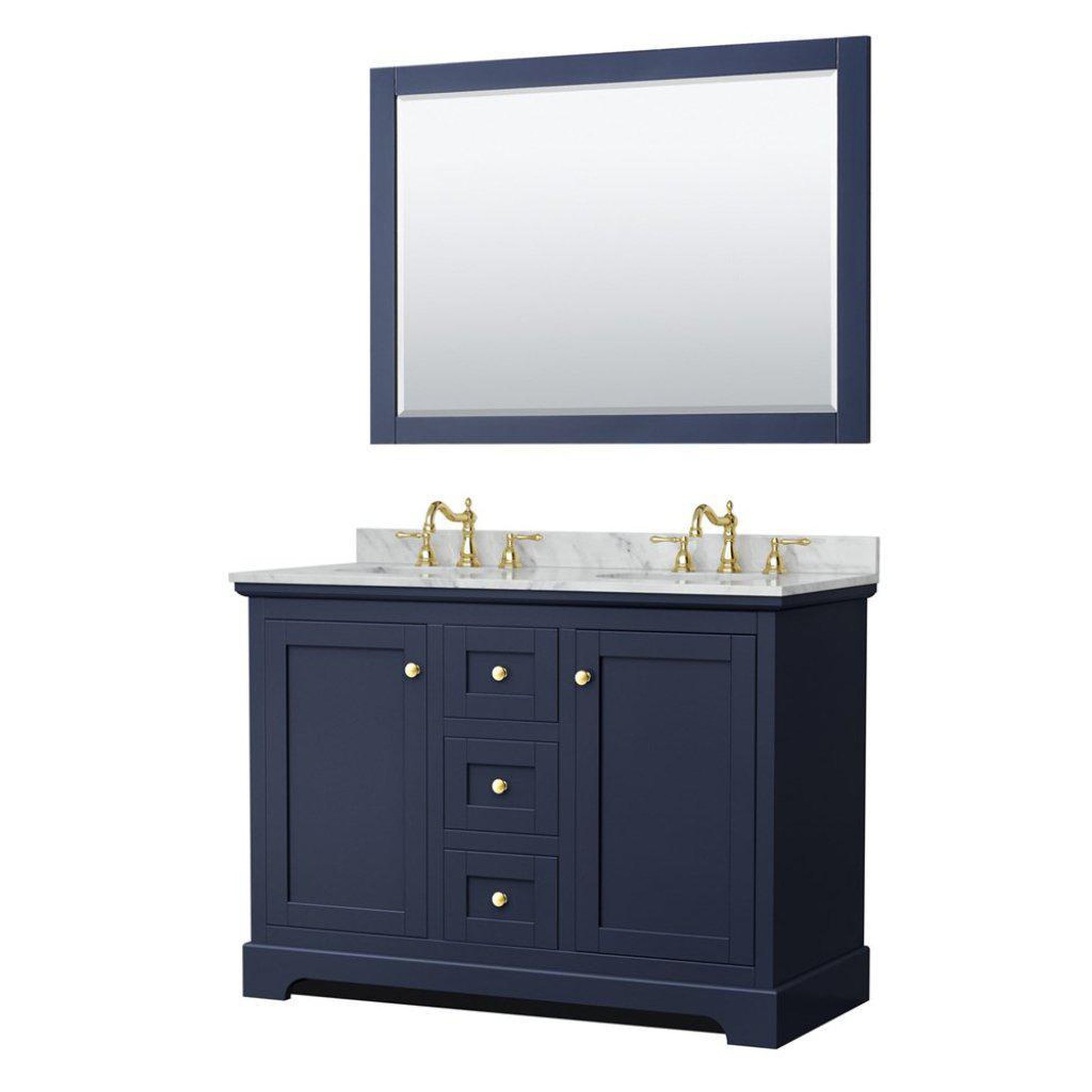 Wyndham Collection Avery 48" Dark Blue Double Bathroom Vanity Set With White Carrara Marble Countertop With 3-Hole Faucet And 8" Oval Sink And 46" Mirror