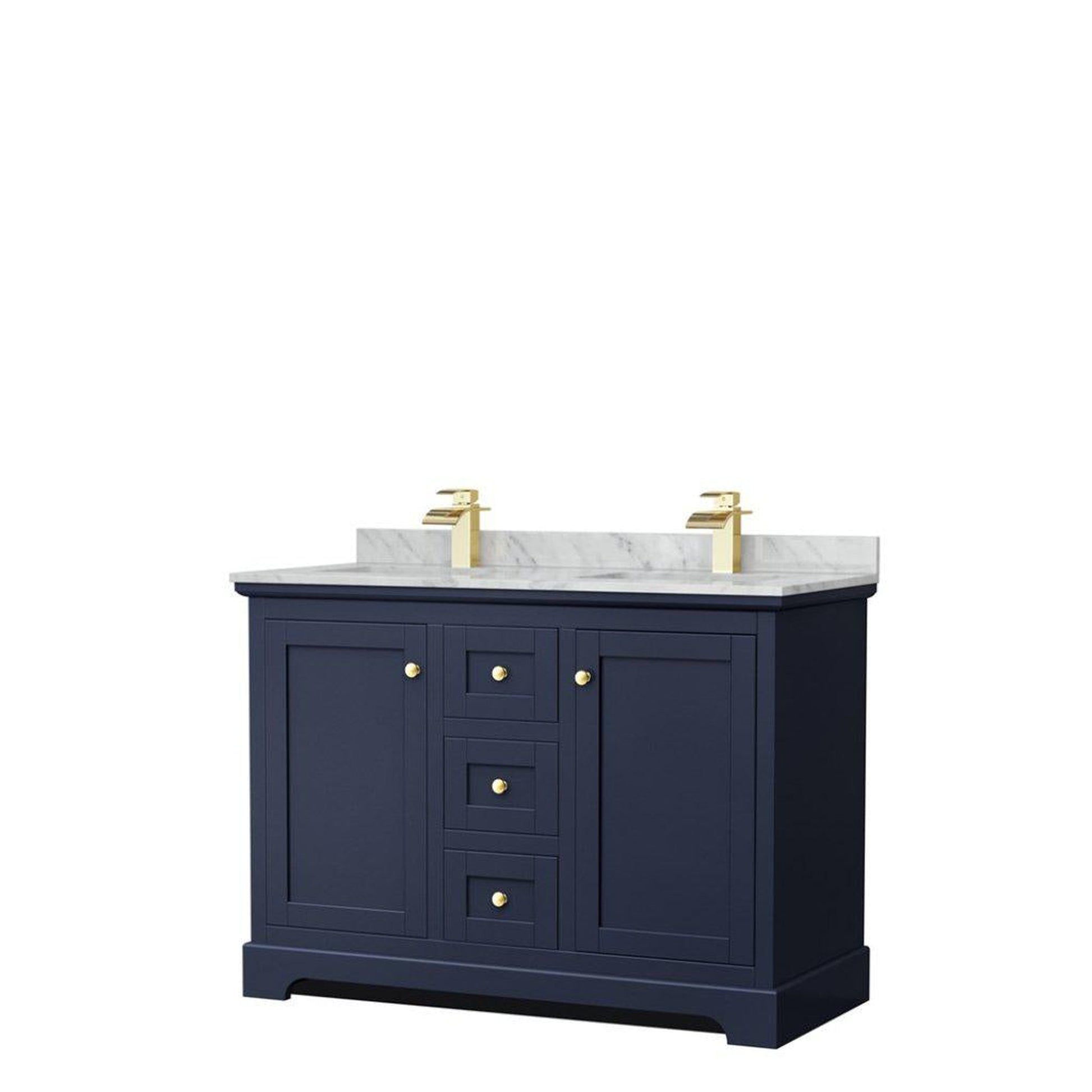 Wyndham Collection Avery 48" Dark Blue Double Bathroom Vanity With White Carrara Marble Countertop With 1-Hole Faucet And Square Sink