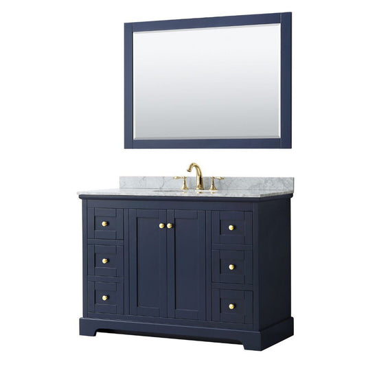 Wyndham Collection Avery 48" Dark Blue Single Bathroom Vanity Set With White Carrara Marble Countertop With 3-Hole Faucet And 8" Oval Sink And 46" Mirror