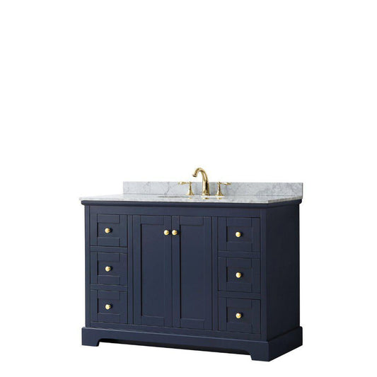 Wyndham Collection Avery 48" Dark Blue Single Bathroom Vanity With White Carrara Marble Countertop With 3-Hole Faucet And 8" Oval Sink