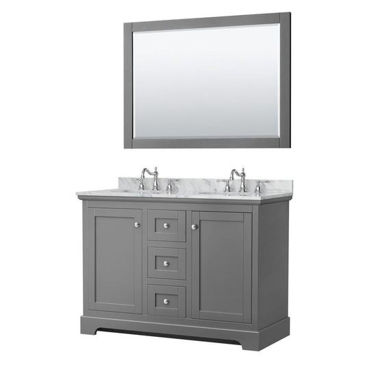 Wyndham Collection Avery 48" Dark Gray Double Bathroom Vanity Set With White Carrara Marble Countertop With 3-Hole Faucet And 8" Oval Sink And 46" Mirror