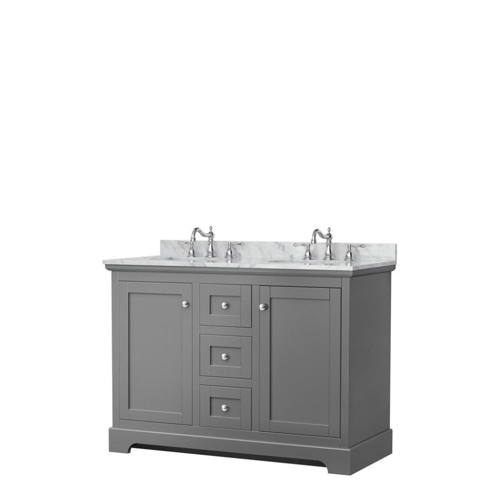 Wyndham Collection Avery 48" Dark Gray Double Bathroom Vanity With White Carrara Marble Countertop With 3-Hole Faucet And 8" Oval Sink