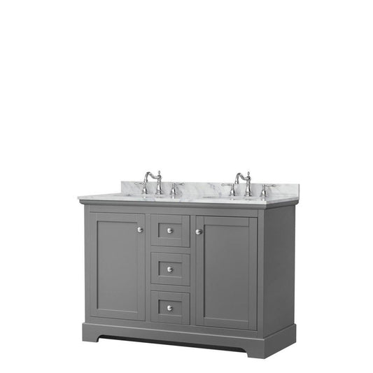 Wyndham Collection Avery 48" Dark Gray Double Bathroom Vanity With White Carrara Marble Countertop With 3-Hole Faucet And 8" Oval Sink