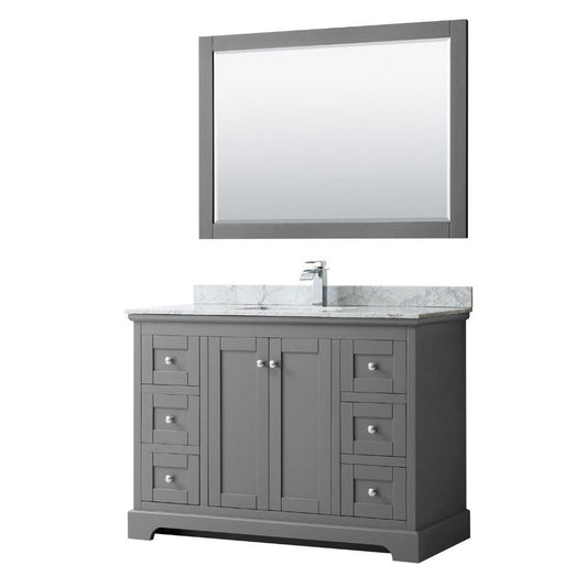 Wyndham Collection Avery 48" Dark Gray Single Bathroom Vanity Set With White Carrara Marble Countertop With 1-Hole Faucet And Square Sink And 46" Mirror