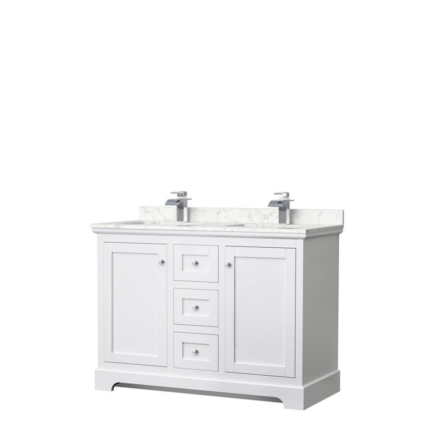 Wyndham Collection Avery 48" White Double Bathroom Vanity, Dark-Vein Carrara Cultured Marble Countertop With 1-Hole Faucet, Square Sink, Polished Chrome Trims