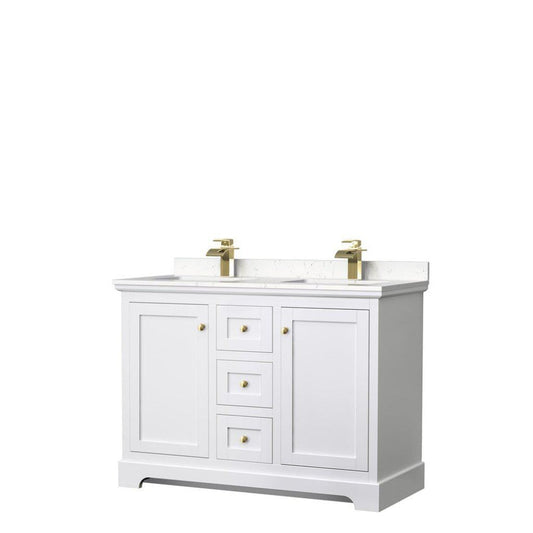 Wyndham Collection Avery 48" White Double Bathroom Vanity, Light-Vein Carrara Cultured Marble Countertop With 1-Hole Faucet, Square Sink, Gold Trims
