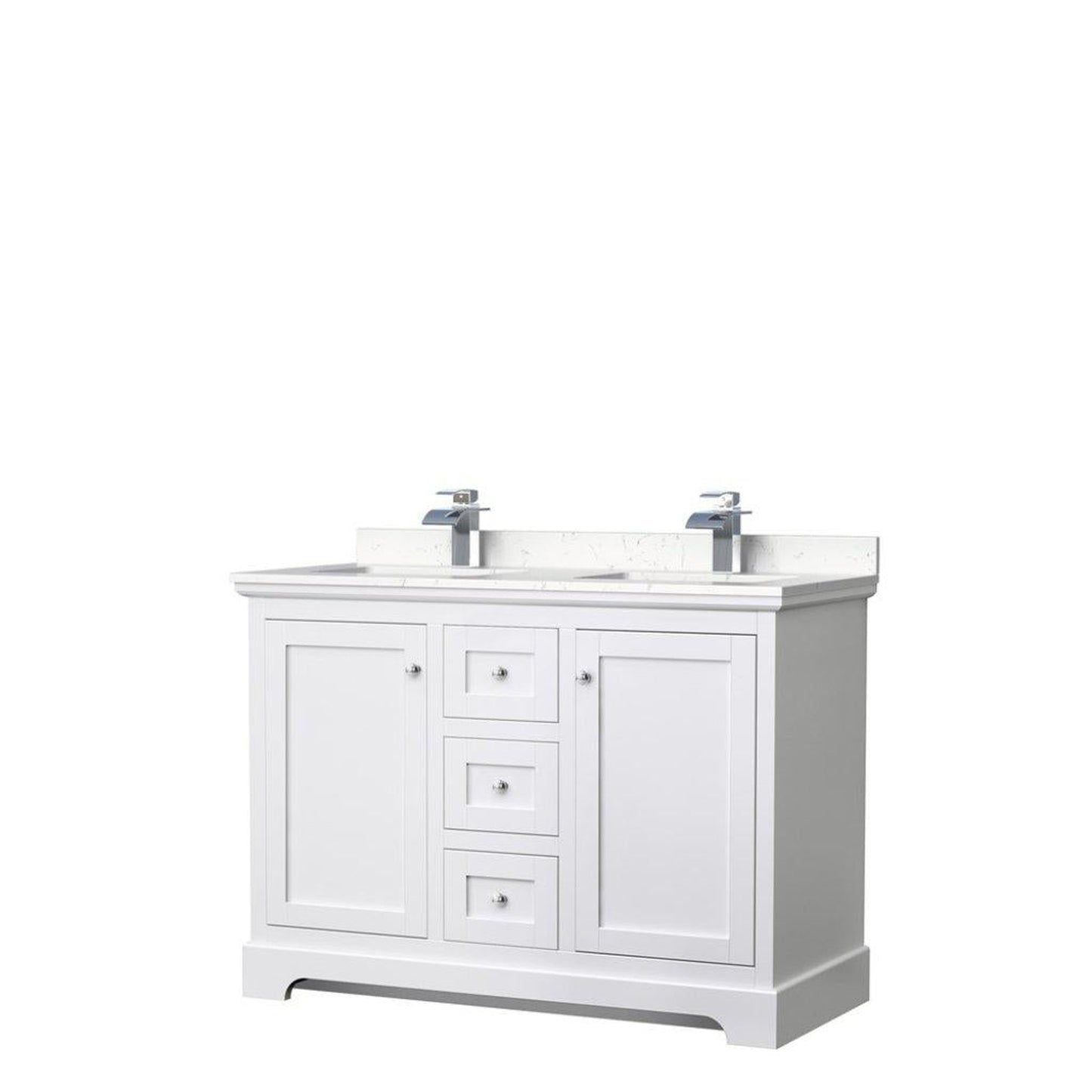 Wyndham Collection Avery 48" White Double Bathroom Vanity, Light-Vein Carrara Cultured Marble Countertop With 1-Hole Faucet, Square Sink, Polished Chrome Trims