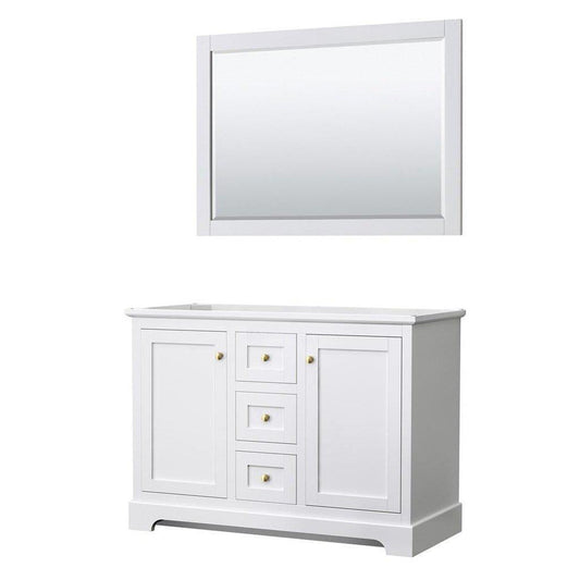 Wyndham Collection Avery 48" White Double Bathroom Vanity Set, 46" Mirror, Gold Trims