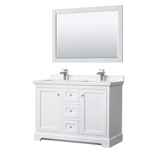 Wyndham Collection Avery 48" White Double Bathroom Vanity Set, Dark-Vein Carrara Cultured Marble Countertop With 1-Hole Faucet, Square Sink, 46" Mirror, Polished Chrome Trims