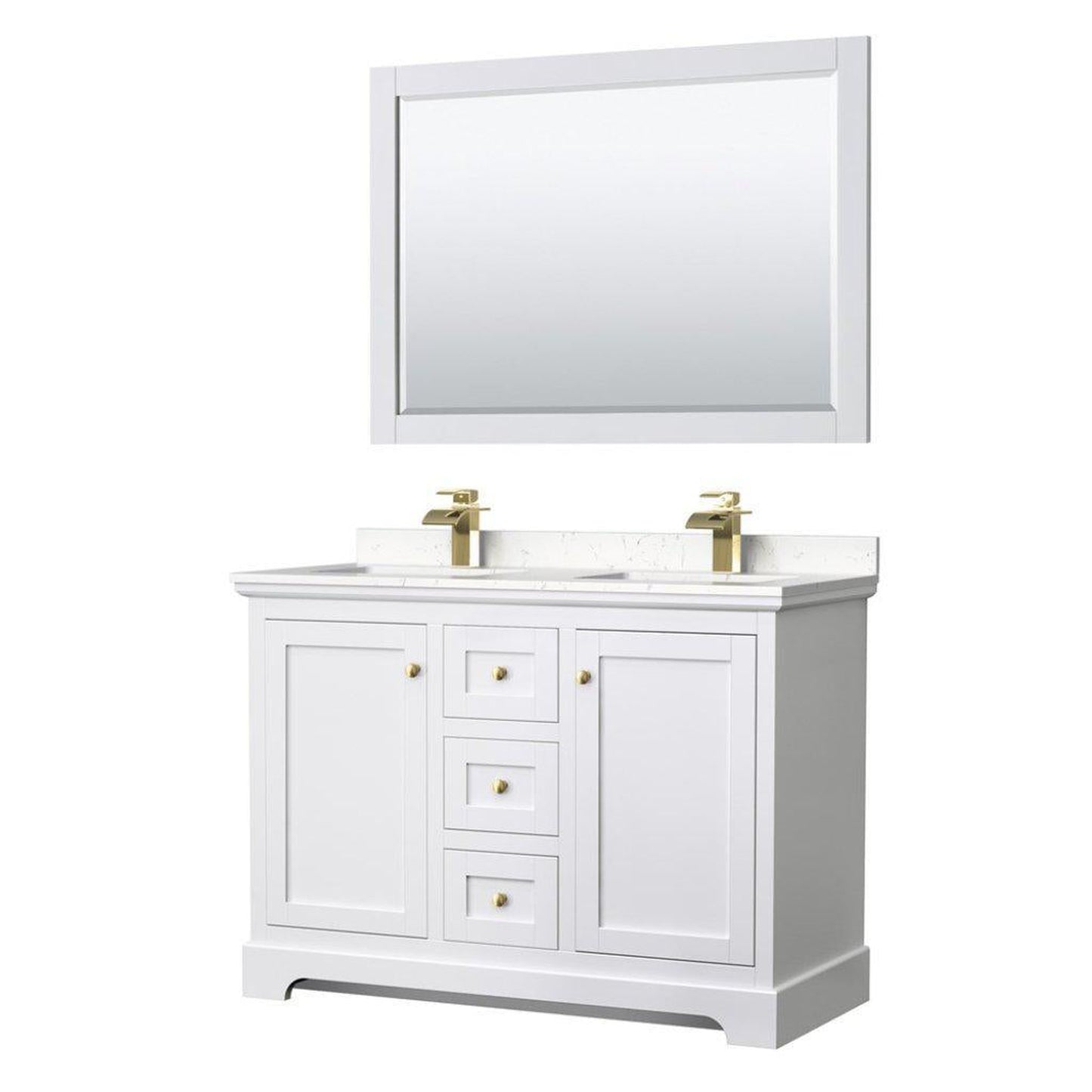 Wyndham Collection Avery 48" White Double Bathroom Vanity Set, Light-Vein Carrara Cultured Marble Countertop With 1-Hole Faucet, Square Sink, 46" Mirror, Gold Trims