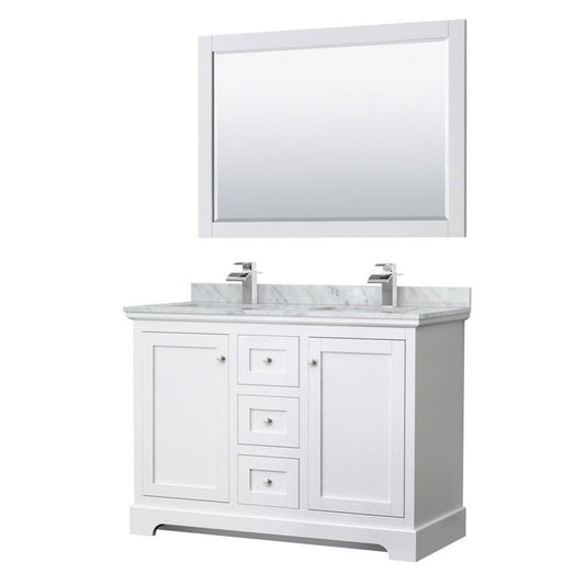 Wyndham Collection Avery 48" White Double Bathroom Vanity Set, White Carrara Marble Countertop With 1-Hole Faucet, Square Sink, 46" Mirror, Polished Chrome Trims