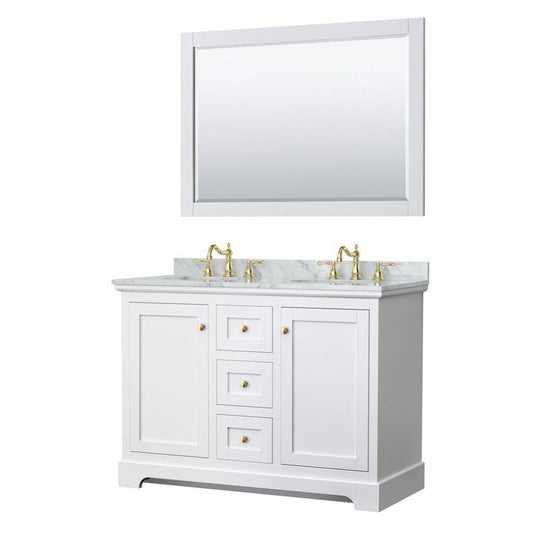Wyndham Collection Avery 48" White Double Bathroom Vanity Set, White Carrara Marble Countertop With 3-Hole Faucet, 8" Oval Sink, 46" Mirror, Gold Trims