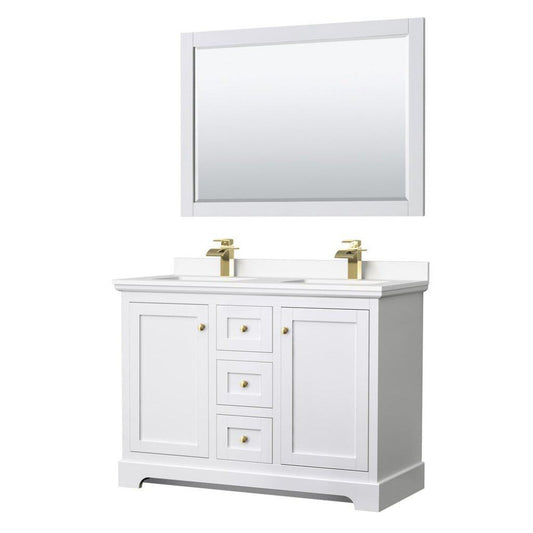 Wyndham Collection Avery 48" White Double Bathroom Vanity Set, White Cultured Marble Countertop With 1-Hole Faucet, Square Sink, 46" Mirror, Gold Trims