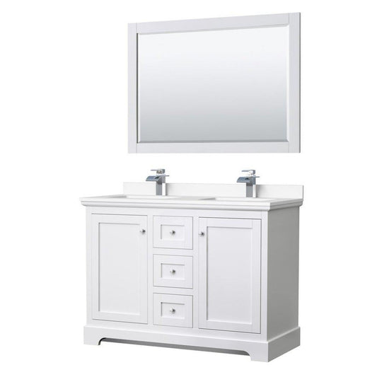 Wyndham Collection Avery 48" White Double Bathroom Vanity Set, White Cultured Marble Countertop With 1-Hole Faucet, Square Sink, 46" Mirror, Polished Chrome Trims