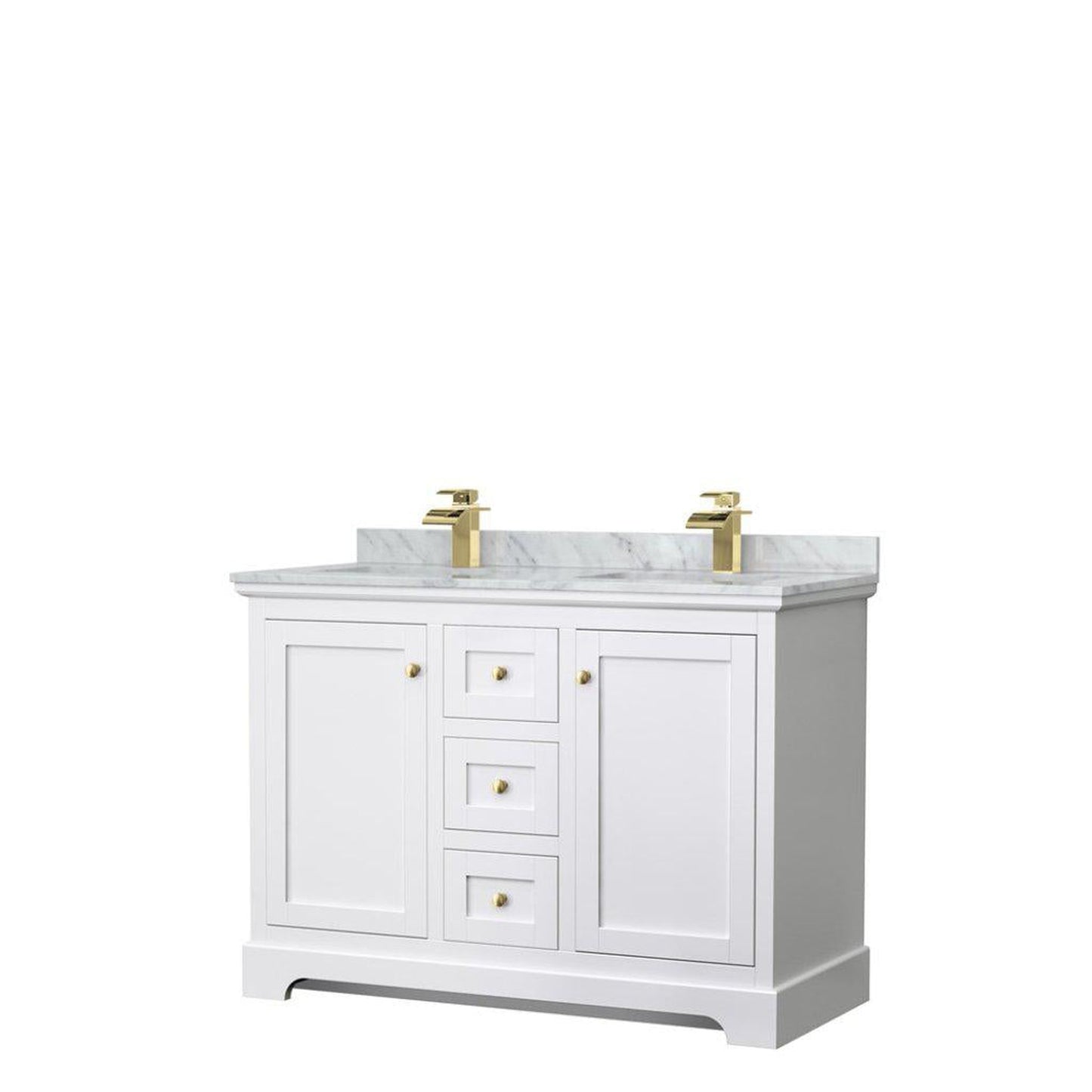Wyndham Collection Avery 48" White Double Bathroom Vanity, White Carrara Marble Countertop With 1-Hole Faucet, Square Sink, Gold Trims