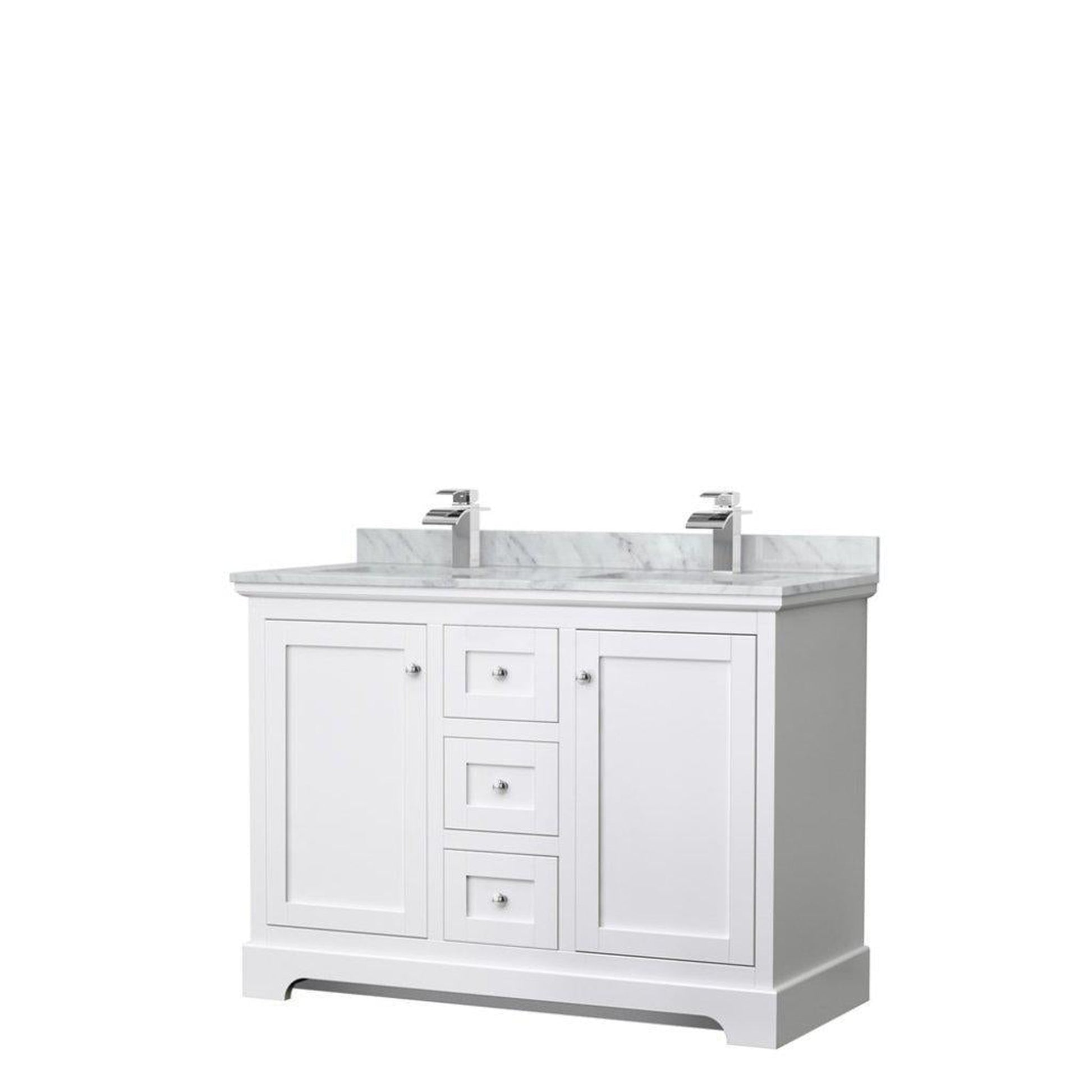 Wyndham Collection Avery 48" White Double Bathroom Vanity, White Carrara Marble Countertop With 1-Hole Faucet, Square Sink, Polished Chrome Trims