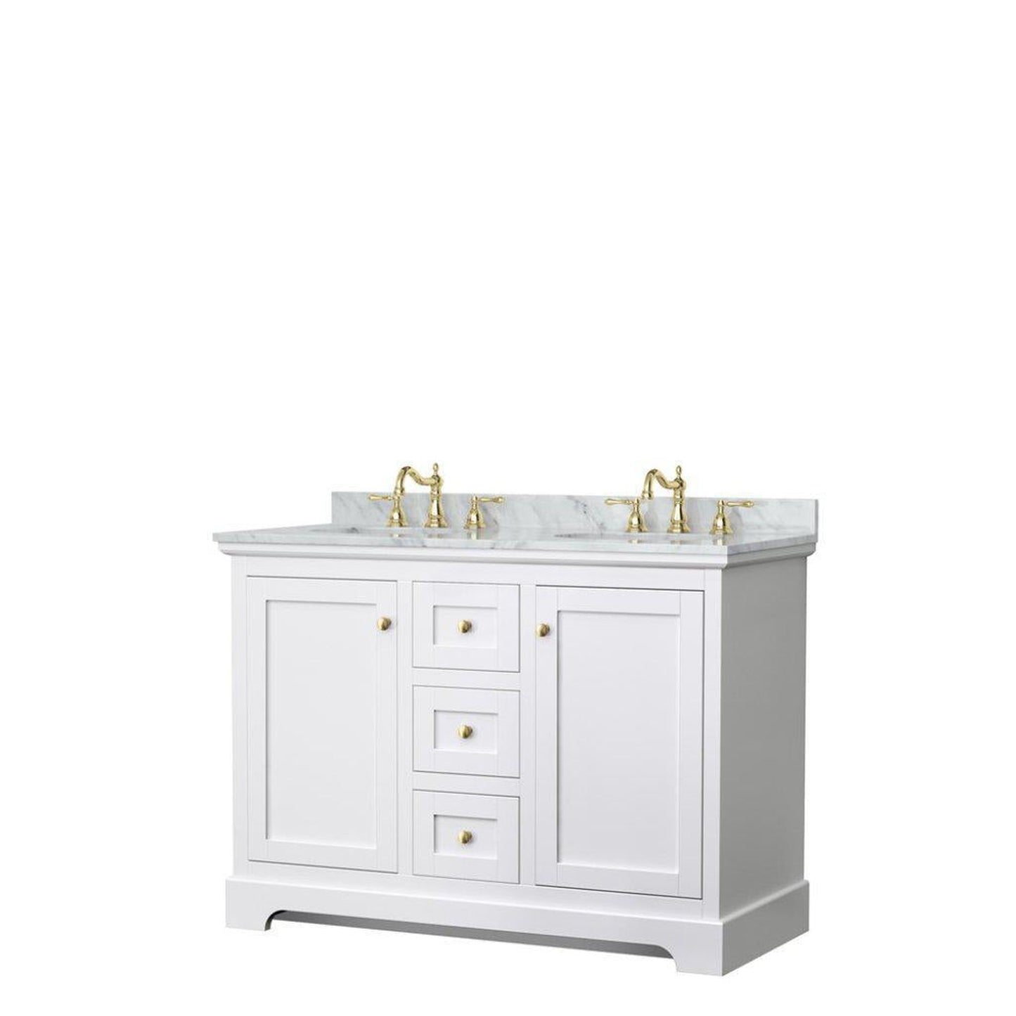 Wyndham Collection Avery 48" White Double Bathroom Vanity, White Carrara Marble Countertop With 3-Hole Faucet, 8" Oval Sink, Gold Trims