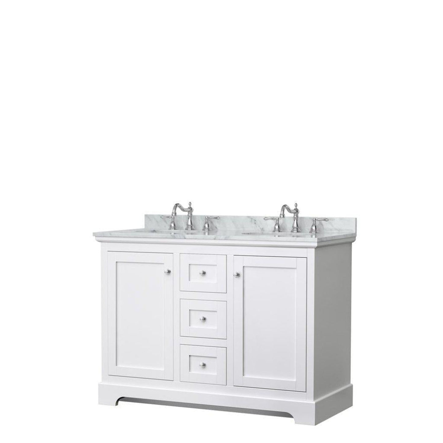 Wyndham Collection Avery 48" White Double Bathroom Vanity, White Carrara Marble Countertop With 3-Hole Faucet, 8" Oval Sink, Polished Chrome Trims