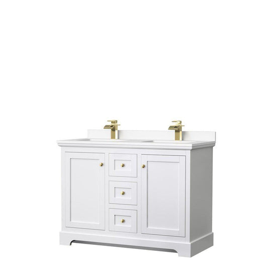Wyndham Collection Avery 48" White Double Bathroom Vanity, White Cultured Marble Countertop With 1-Hole Faucet, Square Sink, Gold Trims