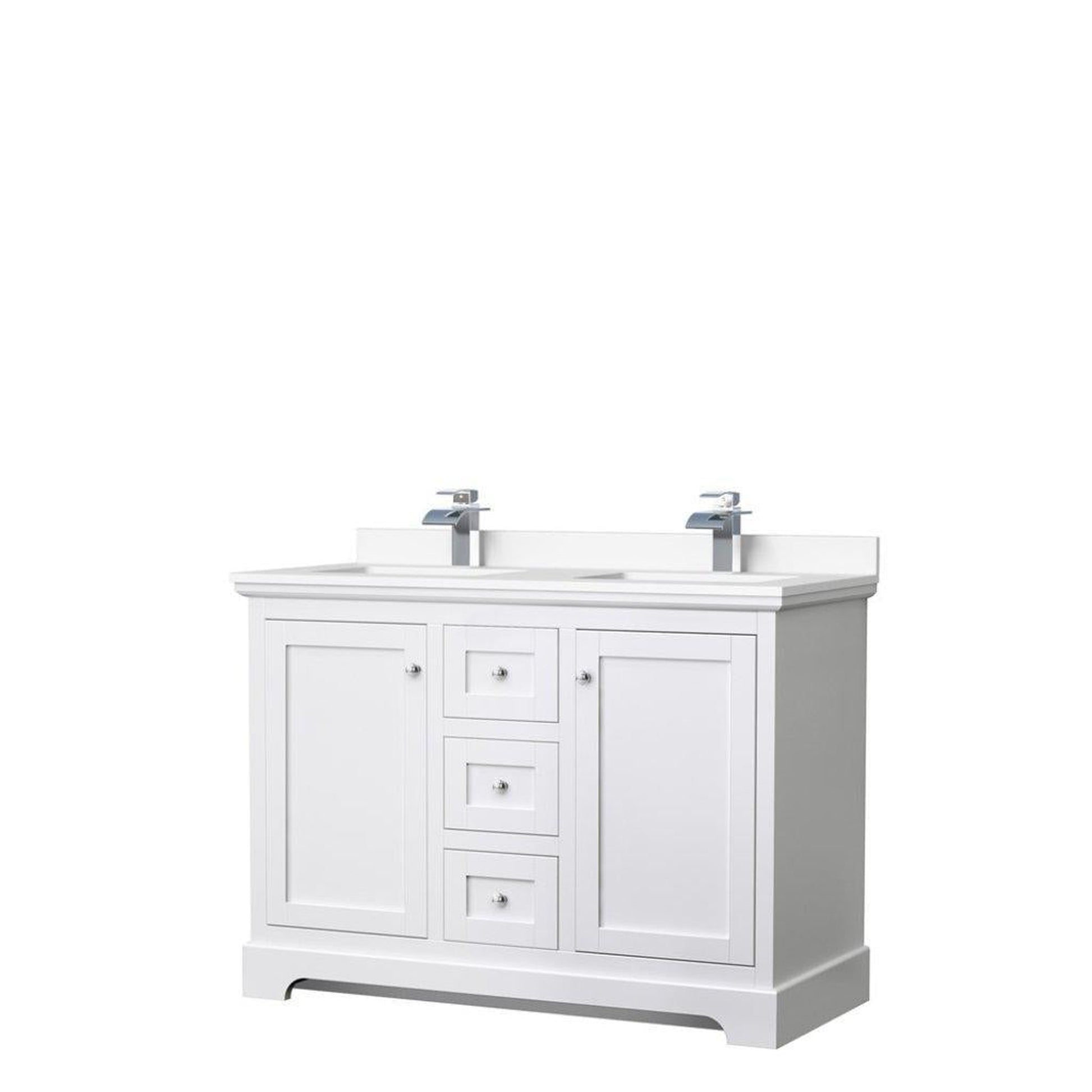 Wyndham Collection Avery 48" White Double Bathroom Vanity, White Cultured Marble Countertop With 1-Hole Faucet, Square Sink, Polished Chrome Trims