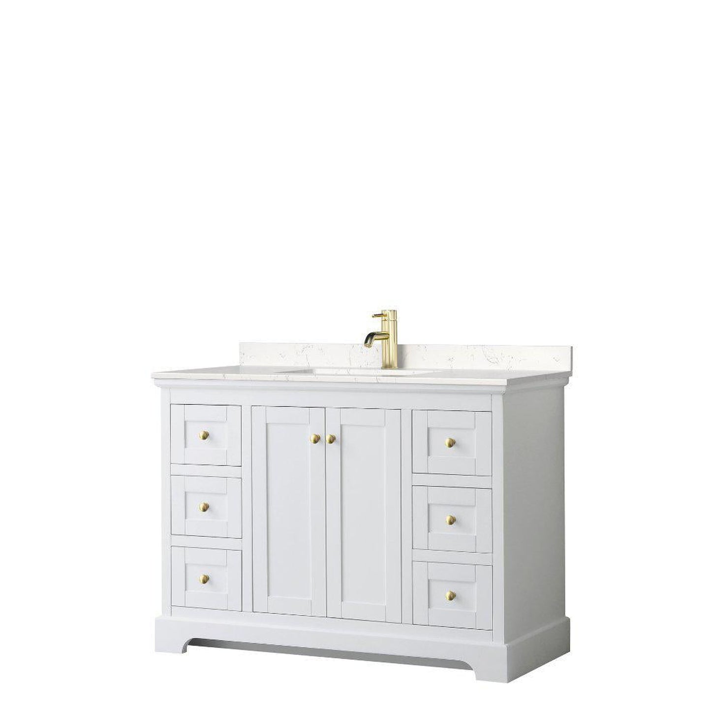 Wyndham Collection Avery 48" White Single Bathroom Vanity, Light-Vein Carrara Cultured Marble Countertop With 1-Hole Faucet, Square Sink, Gold Trims