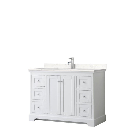Wyndham Collection Avery 48" White Single Bathroom Vanity, Light-Vein Carrara Cultured Marble Countertop With 1-Hole Faucet, Square Sink, Polished Chrome Trims