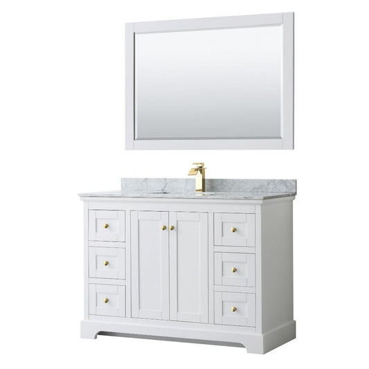 Wyndham Collection Avery 48" White Single Bathroom Vanity Set, White Carrara Marble Countertop With 1-Hole Faucet, Square Sink, 46" Mirror, Gold Trims