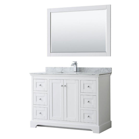 Wyndham Collection Avery 48" White Single Bathroom Vanity Set, White Carrara Marble Countertop With 1-Hole Faucet, Square Sink, 46" Mirror, Polished Chrome Trims
