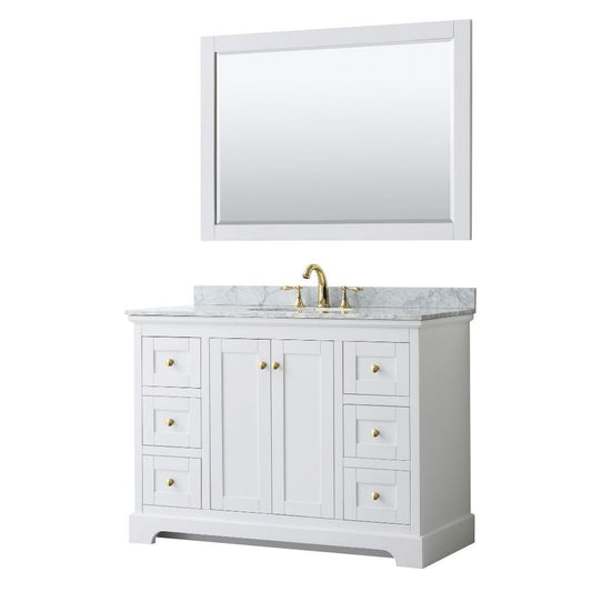 Wyndham Collection Avery 48" White Single Bathroom Vanity Set, White Carrara Marble Countertop With 3-Hole Faucet, 8" Oval Sink, 46" Mirror, Gold Trims