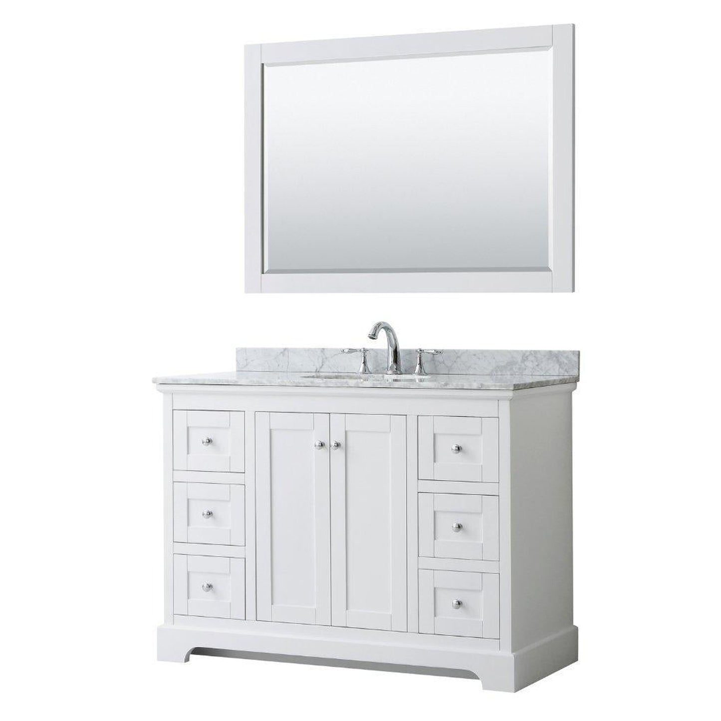Wyndham Collection Avery 48" White Single Bathroom Vanity Set, White Carrara Marble Countertop With 3-Hole Faucet, 8" Oval Sink, 46" Mirror, Polished Chrome Trims