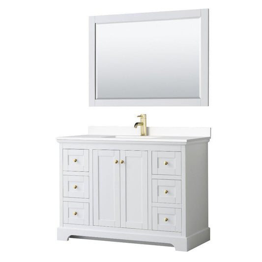 Wyndham Collection Avery 48" White Single Bathroom Vanity Set, White Cultured Marble Countertop With 1-Hole Faucet, Square Sink, 46" Mirror, Gold Trims