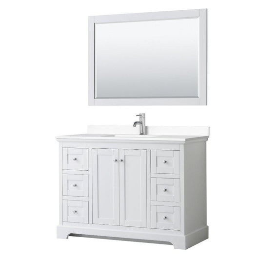Wyndham Collection Avery 48" White Single Bathroom Vanity Set, White Cultured Marble Countertop With 1-Hole Faucet, Square Sink, 46" Mirror, Polished Chrome Trims